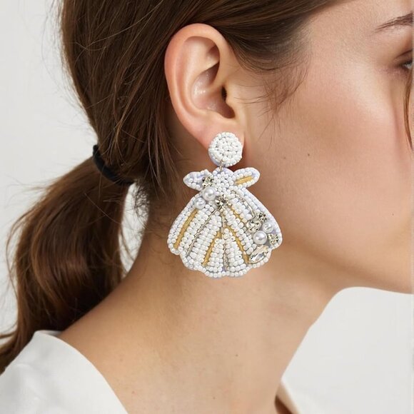 Set of 3 Beaded Seashell Dangle Earrings for Women in Pink, Blue, White - Coasta - Picture 3 of 7